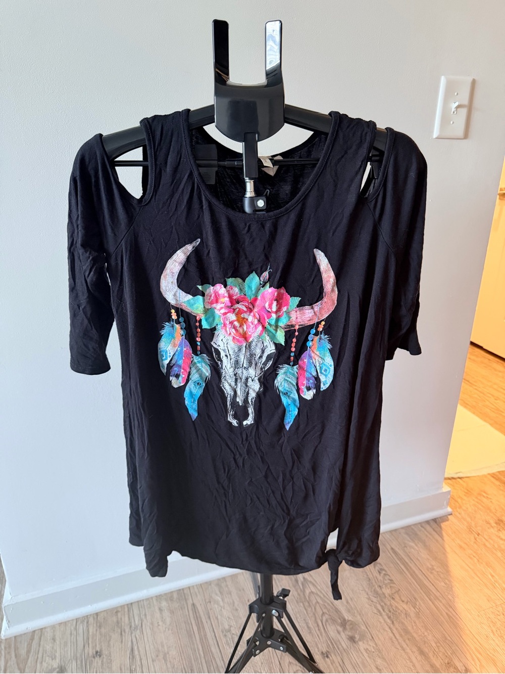 Black Cold-Shoulder Graphic Tunic with Floral Bull Skull